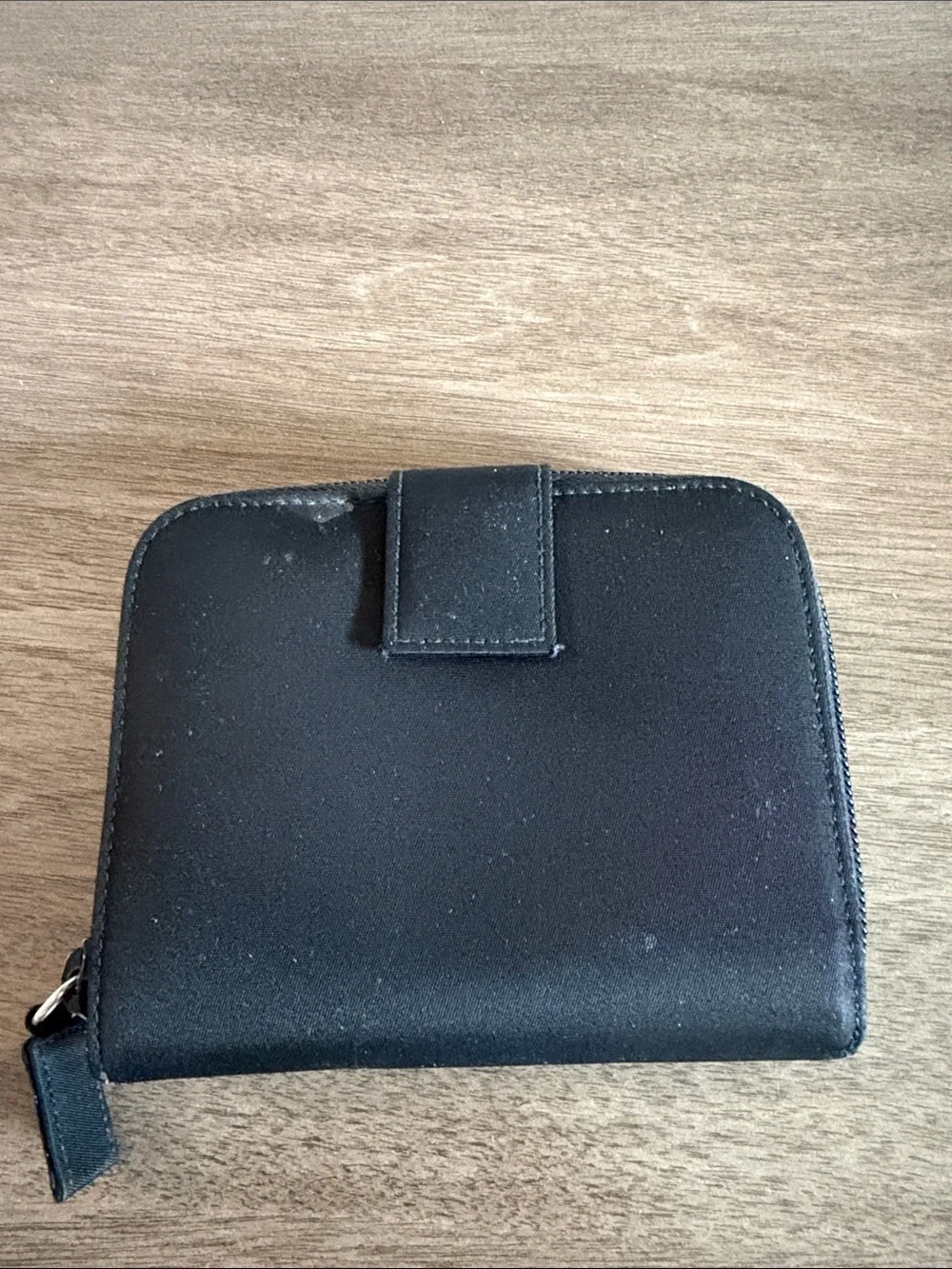 Prada Bifold  Black Zip-Around Card Wallet with Silver Triangle Emblem